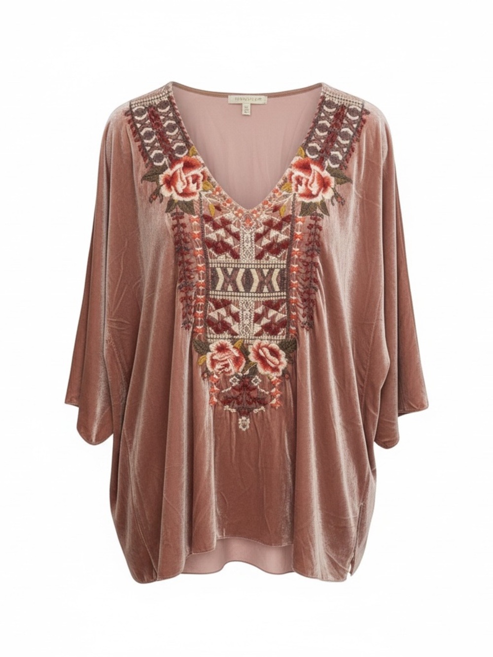 Johnny Was Dusty Rose Embroidered Velvet V-Neck Tunic